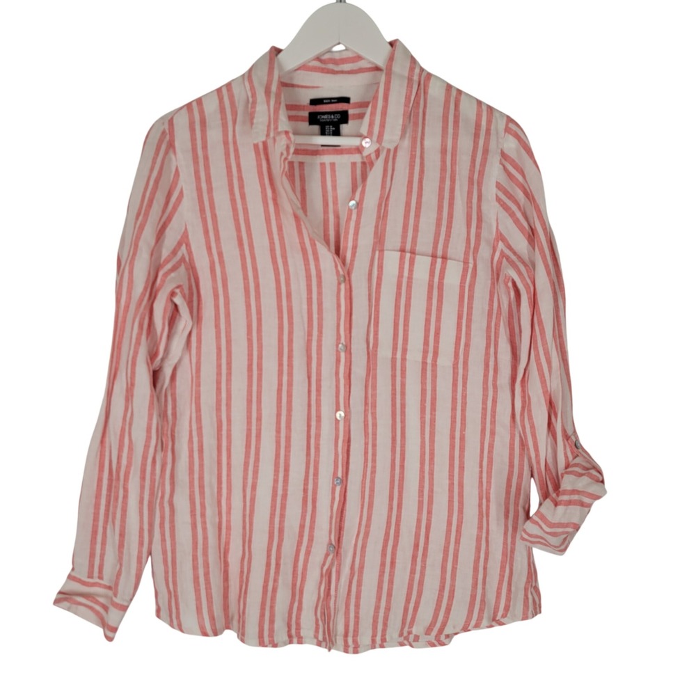 Jones New York Linen Button Down Shirt Womens Medium Pink White Striped Roll Tab